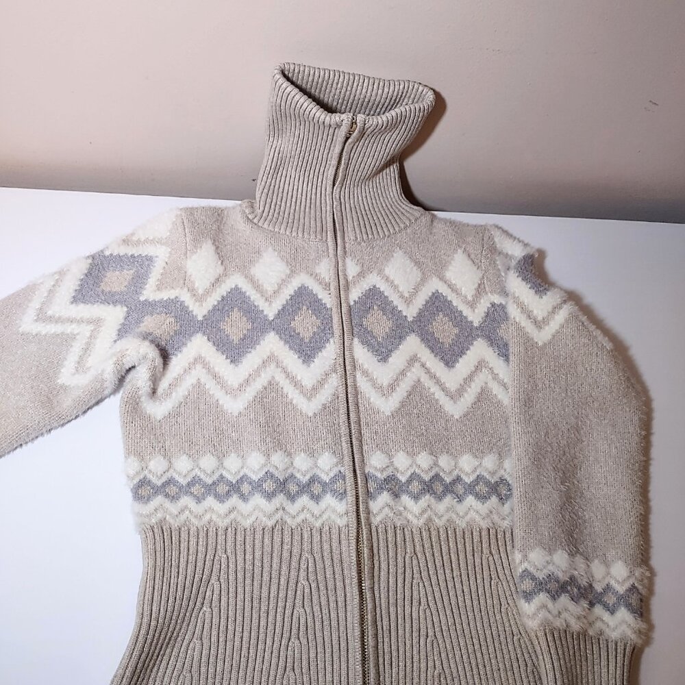 Tahari Women's Beige-White-Gray Patterned Zippered Sweater (Size Small) - Picture 5 of 7